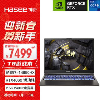 Hasee 神舟 战神T8 2024 14代酷睿i7HX 16英寸游戏本 (i9-14650HX 16G 1T RTX4060 240Hz 2.5K屏)