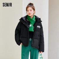 森马 Semir羽绒服女冬季长款过膝连帽宽松保暖黑色短款厚外套时尚机能风