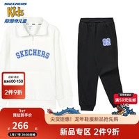Skechers斯凯奇童装时尚春秋休闲针织套装男女运动卫衣长裤两件套L124K040 雪白色/00QF 140