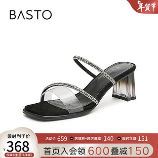 BASTO 百思图 2024夏季时髦条带休闲粗跟女拖鞋TT202BT4 透明/黑 34