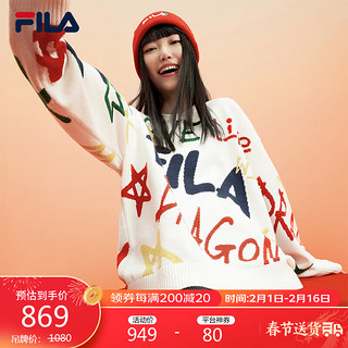 FILA 斐乐 官方龘龘龙新年款情侣编织2024春撞色趣味手写体图案毛衣