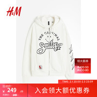 H&M女装卫衣2024春季时尚运动风大廓形印花拉链连帽衫1198280 白色/Smiley 155/76A