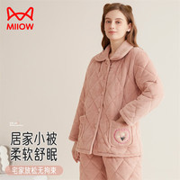 猫人猫人睡衣女翻领长袖开衫两件套秋冬简约夹棉加厚家居服套装裸粉