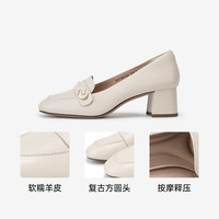 C.BANNER千百度【静音系列】粗高跟羊皮乐福鞋女2024春季单鞋 米色 38