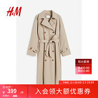 H&M女装风衣2024春季新款舒适双排扣平驳领及踝长袖外套1115204 米色006 155/76A