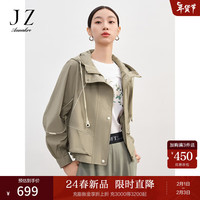 玖姿·安娜蔻轻运动户外休闲感宽松连帽短外套风衣2024春季 草绿 L