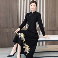 黛娜娅 旗袍女2022秋冬季优雅气质大码女装中国风日常改良复古装演出时尚礼服连衣裙 3781 黑色 2XL
