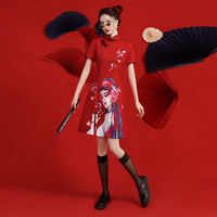 家隆名秀国风京剧花旦印花显瘦连衣裙季日常改良年轻款旗袍 红色 L