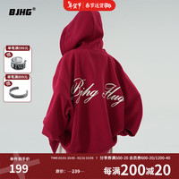 BJHG张淼怡同款秋季440G重磅连帽开衫卫衣男潮牌重磅高街美式外套 酒红色 XL （150-200斤）