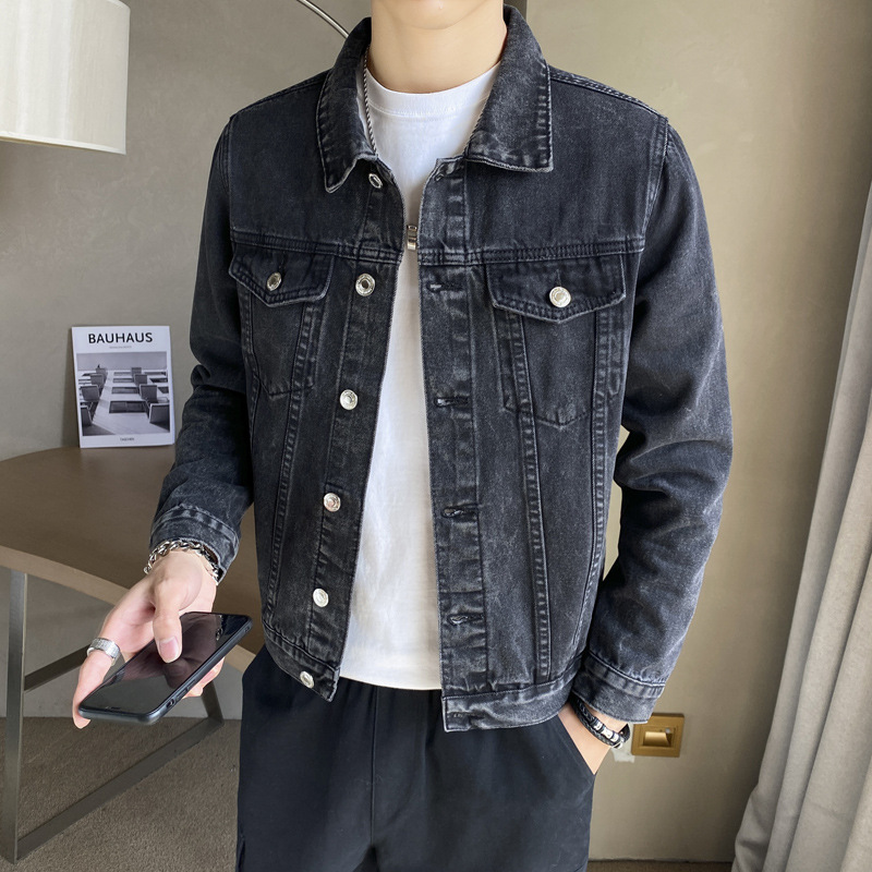 Prato Lee牛仔外套男春秋牛仔夹克男修身男士上衣男青少年牛仔衣男牛仔服男 黑灰 L