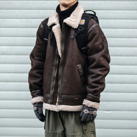 型曼男装冬季麂皮绒机车夹克男青年潮牌皮毛一体加绒外套男潮 咖啡色 2XL(宽松版)