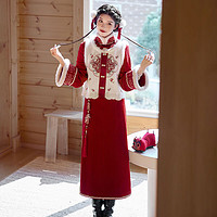杜城新中式国风马甲改良旗袍加绒加厚套装套装秋冬季拜年服气质 红色套装 XL