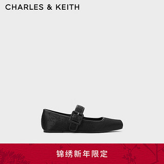 CHARLES&KEITH24春季龙年刺绣方头平底玛丽珍鞋女CK1-71720064 BLACK TEXTURED黑色纹理 35