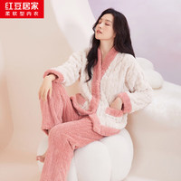 红豆居家(Hodohome)甜美可爱撞色开衫女士加厚暖绒家居服套装 椰奶白 XL