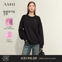 AMII2024春学院风圆领落肩长袖花刺绣钉珠弹力空气层卫衣女 黑色 155/80A/S
