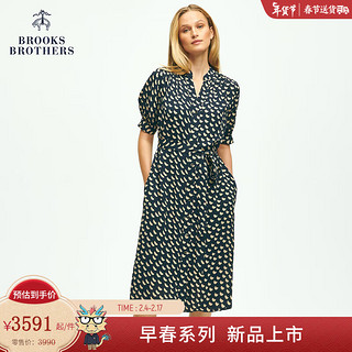 布克兄弟（BrooksBrothers）女士24早春新款V领鸟图案单排扣连衣裙 4004-藏蓝色