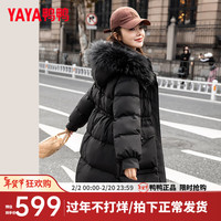 鸭鸭羽绒服鸭鸭(YAYA)羽绒服女中长款冬季时尚连帽可拆卸貉子毛领保暖外套XH 黑色 160/84A(M)