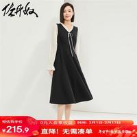 佐丹奴裙子女春季甜美风假两件绑带V领荷叶边连衣裙18464202 09黑拼白 L