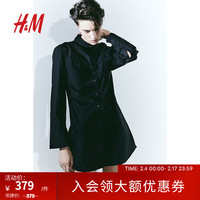 H&M女装2024春季舒适修身棉质绑带收腰衬衫式连衣裙1222622 黑色 155/80A