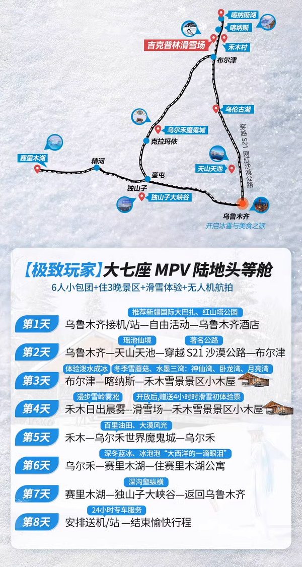 国内雪景天花板，不输瑞士和北海道，还有机会看极光！新疆8天7晚纯玩2-6人跟团游（含7晚住宿+全程用车+景区门票等）