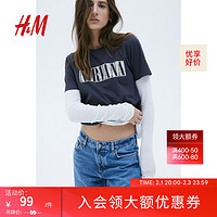 H&M女装图案T恤2024春季短袖宽松圆领棉质上衣0762470 深灰色/Nirvana 155/80A