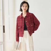 复古小香风新年红色翻领外套女春秋新装宽松休闲夹克粗花呢上衣