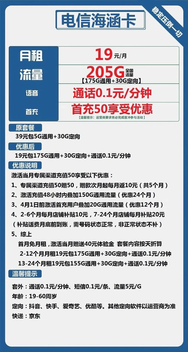 CHINA TELECOM 中国电信 海涵卡 两年19元月租 （205G全国流量+视频会员+通话0.1元/分钟）赠30元红包