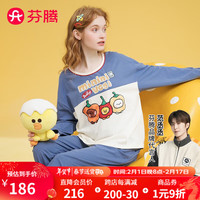 芬腾睡衣女纯棉2024年春季可外穿长袖迷你布朗熊家族IP家居服套装 牛仔兰 XL