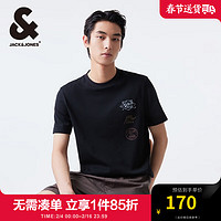 杰克·琼斯（JACK&JONES）夏季常规版型三联水印图案纯棉舒适圆领短袖T恤224201120 E40 黑色 常规 E40 黑色 165/88A/XS