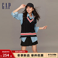 Gap女装冬季2023LOGO学院风V领针织背心836384宽松毛衣上衣 黑色 175/96A(XXL)亚洲尺码