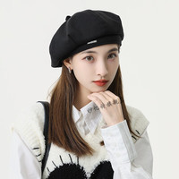 妙忆诗韩版秋冬毛呢金属标贝雷帽子女八角帽大头围显脸小时尚文艺画家帽 黑色