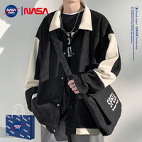 WHIM NASA 麂皮绒外套男春秋季潮流宽松夹克痞帅撞色衣服男装美式复古装 黑色 XL