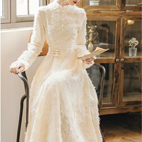 杜艳枝国风复古改良版旗袍连衣裙长袖温柔仙女裙长款超仙秋冬内搭裙显瘦 米白色全身加绒加厚 原版 L 110-120斤