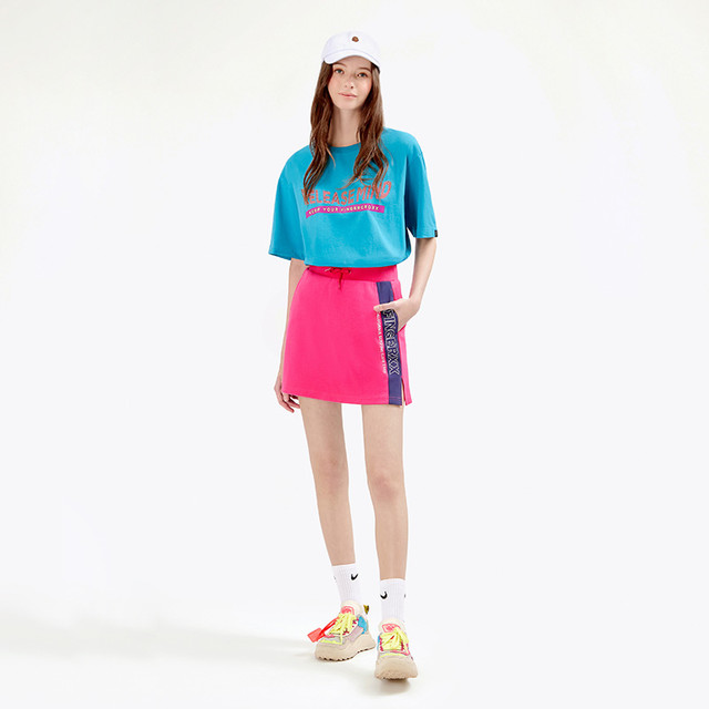 fingercroxx 男装夏季多色波浪字母撞色块印花短袖T恤20828XE