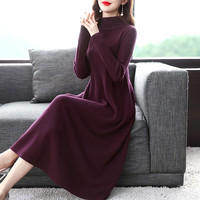 JRH JUN RONG HUANG复古气质针织羊毛连衣裙女秋冬2023显瘦毛衣长款打底羊绒裙子 紫红色 L
