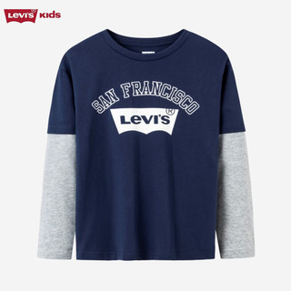 Levi's 李维斯童装男女童纯棉长袖T恤2024春秋红色拜年服假两件儿童上衣 深靛蓝 160/80