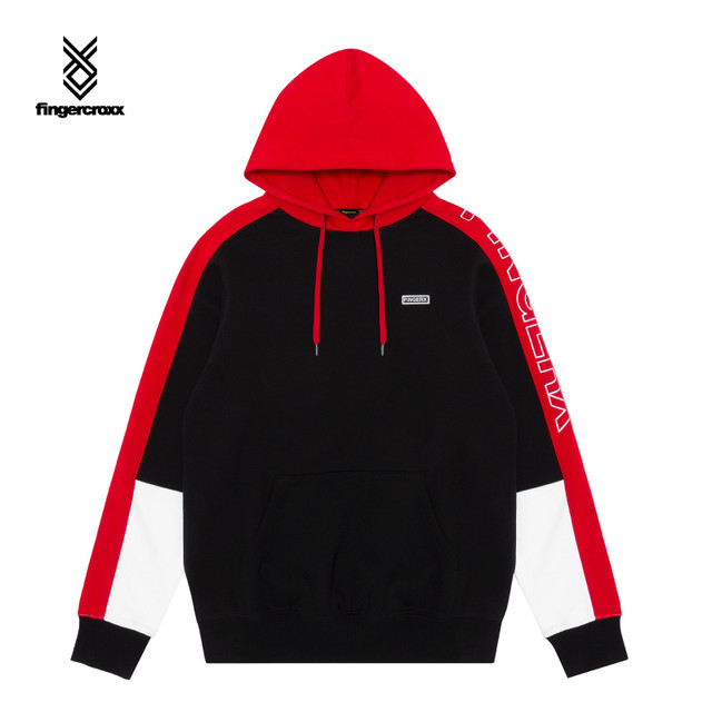 fingercroxx 男装秋冬刺绣字母印花撞色连帽潮流卫衣30309XD