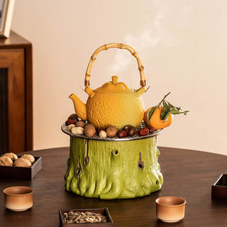 瓷牌茗茶具大吉大利围炉煮茶茶具套装家用创意陶瓷煮茶壶户外炭炉套装 柿子红提梁壶+树桩炭炉+网 660ml