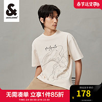 杰克·琼斯（JACK&JONES）男装春季通勤日常纯棉字母印花圆领宽松短袖T恤男224101068 A03 米白色 165/88A/XS