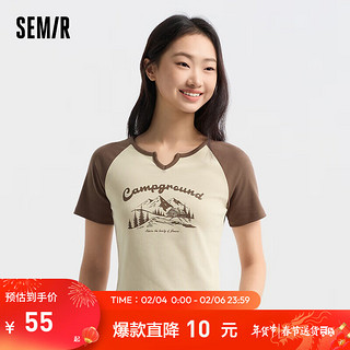 森马（Semir）短袖T恤女短款设计感印花2024夏季插肩袖紧身套头衫山系 咖色调00355 150/76A/XS