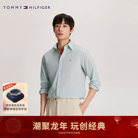 TOMMY HILFIGER 24春季男装府绸简约绣标格纹合身版商务通勤衬衫34627 蓝绿白格纹0N1 40