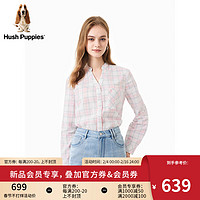 Hush Puppies暇步士女装2024春季经典格纹小V领复古纯棉长袖衬衫 318粉白 M