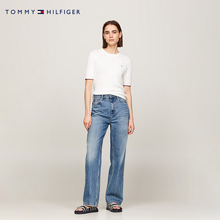 TOMMY HILFIGER 24春季女装纯棉简约绣标复古绞花合身短袖针织衫41787 白色YBL XS