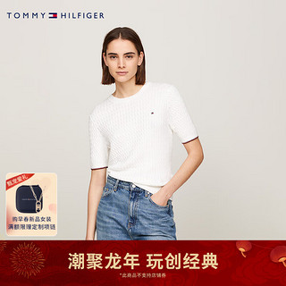 TOMMY HILFIGER 24春季女装纯棉简约绣标复古绞花合身短袖针织衫41787 白色YBL XS