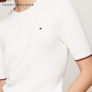 TOMMY HILFIGER 24春季女装纯棉简约绣标复古绞花合身短袖针织衫41787 白色YBL XS