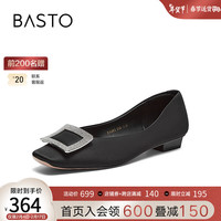 百思图2024春季时尚简约通勤钻扣粗跟方头女单鞋EA803AQ4 黑色 35