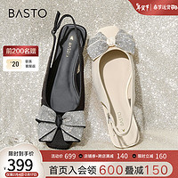 BASTO 百思图 2024夏季时髦简约蝴蝶结方头粗跟后空女凉鞋E8011BH4 黑色 36