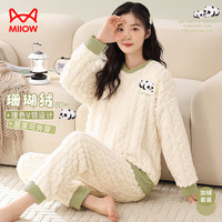 猫人女士睡衣女冬珊瑚绒法兰绒提花加厚熊猫印花保暖家居服女米白2XL 熊猫印花绒套头-米白