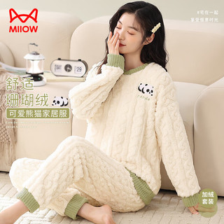 猫人女士睡衣女冬珊瑚绒法兰绒提花加厚熊猫印花保暖家居服女米白2XL 熊猫印花绒套头-米白