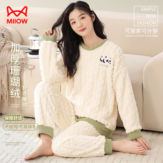 猫人女士睡衣女冬珊瑚绒法兰绒提花加厚熊猫印花保暖家居服女米白2XL 熊猫印花绒套头-米白